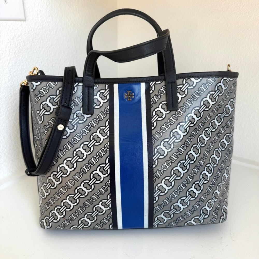 TORY BURCH Gemini Link Canvas Satchel Tote Navy Stripe Crossbody Bag